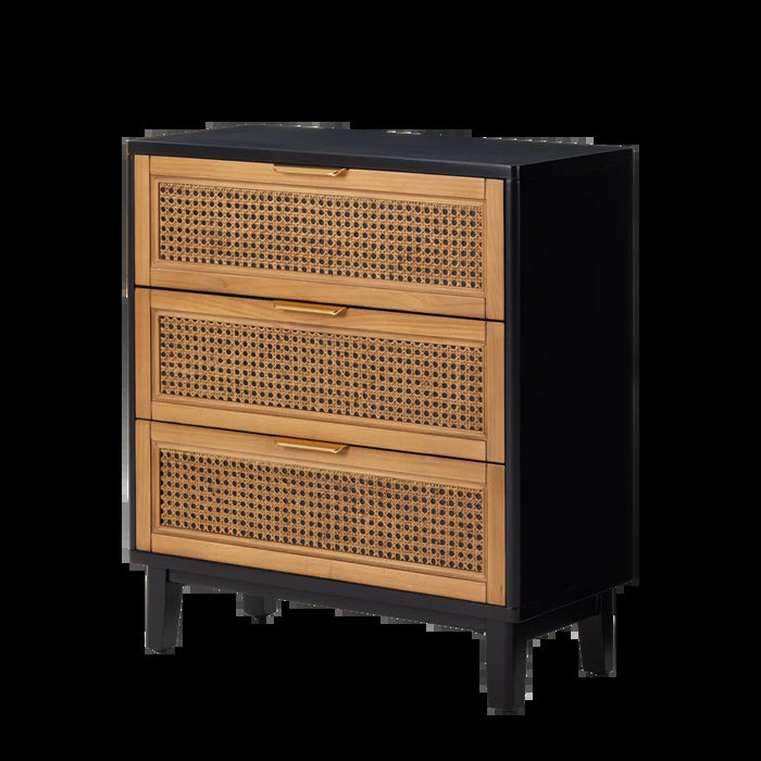 Aril 3-Drawer Woven Cane Front Accent Chest, Mid Century Modern 3 Drawers Nightstand