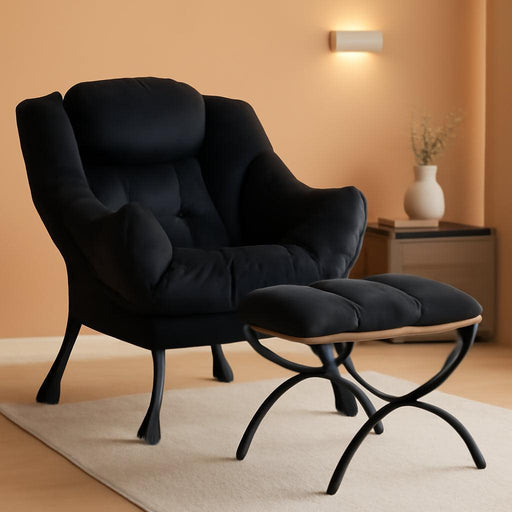 Lazy Chair and Ottoman, Large Accent Lounge Chair with Armrests and a Side Pocket, Modern Leisure Upholstered Sofa Reading Armchair with Footrest for Bedroom, Living Room, Dorm Rooms, Office