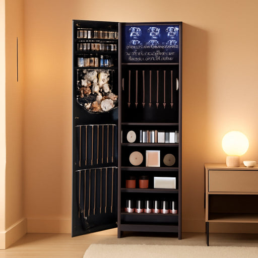 6 Leds Mirror Jewelry Cabinet, 47.2-Inch Tall Lockable Wall or Door Mounted Jewelry Armoire Organizer with Mirror, 2 Drawers, 3.9 X 14.6 X 47.2 Inches, Black UJJC093B01