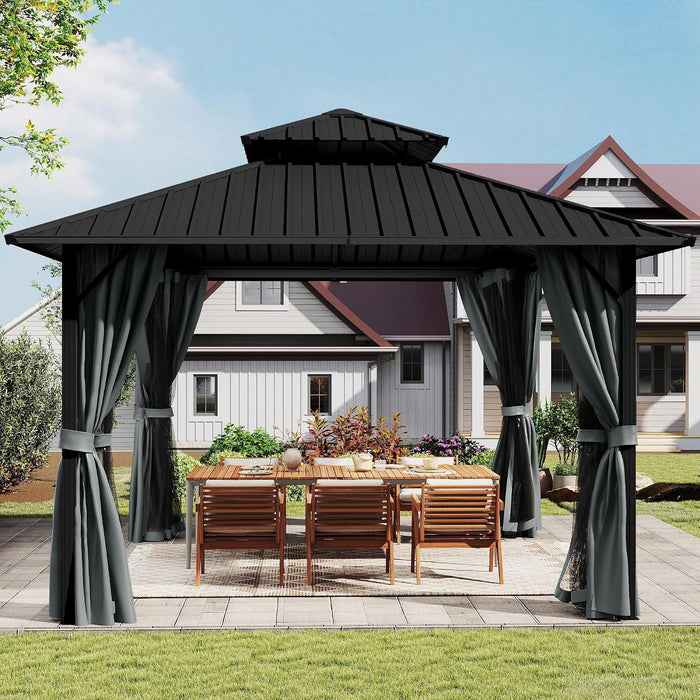 12'X12' Outdoor Hardtop Gazebo, Aluminum Gazebo with Double Galvanized Steel Roof, Curtains and Netting for Patio, Backyard, Deck, Lawn, Easy Assembly (Grey)