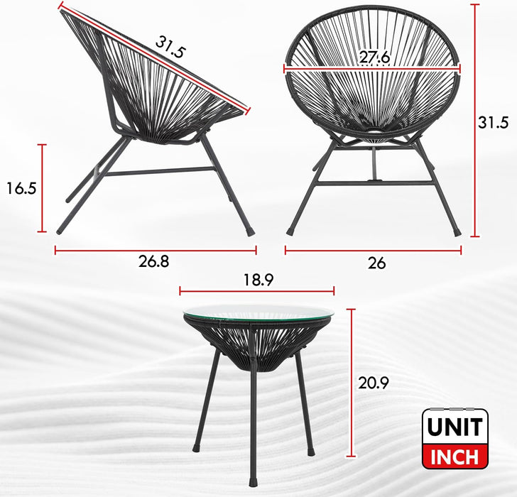 Acapulco Patio Bistro Set 3-Piece Outdoor Furniture Set All-Weather Woven Rope Patio Conversation Set with Glass Top Table and 2 Chairs (Black)