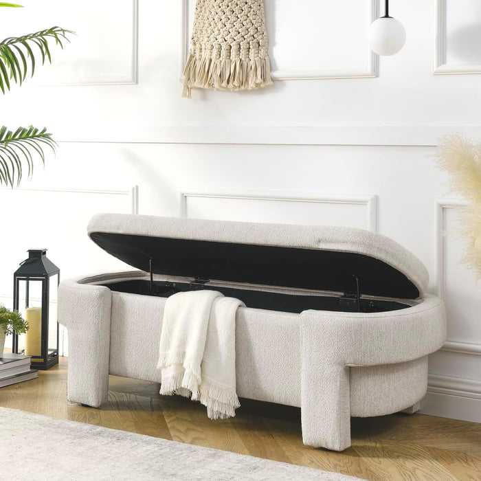 Linen Upholstered Storage Bench, Oval Footstool Ottoman with Hinges for Living Room, Entryway, Bedroom,No Assembly Required,Beige