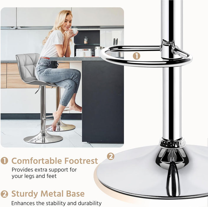 Bar Stools Set of 2, PU Leather Swivel Adjustable Barstools with Shell Back, Bar Chairs with Foma Padded for Home, Kitchen, Light Grey