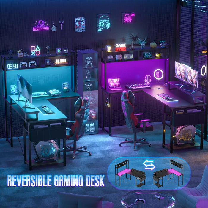 Small L Shaped Desk Gaming Desk with Power Outlets, 48" Reversible L Shaped Computer Desk with Monitor Stand & Storage Shelf, Corner Gamer Desk Home Office Desk with Storage Bag, Black