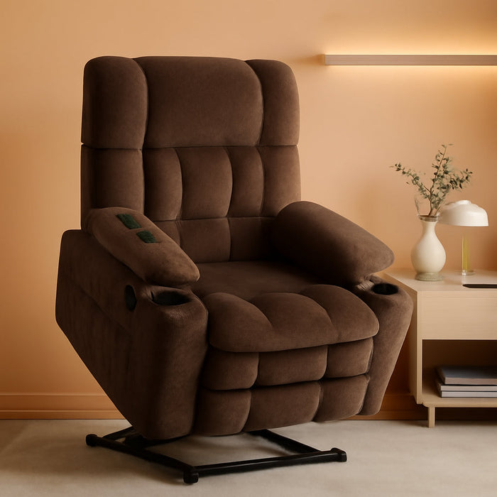 Large Dual Motor Power Lift Recliner Chair Sofa with Massage and Heat for Big Elderly People, Infinite Position, USB Ports, Fabric R7891 (Large-Wide, Coffee)