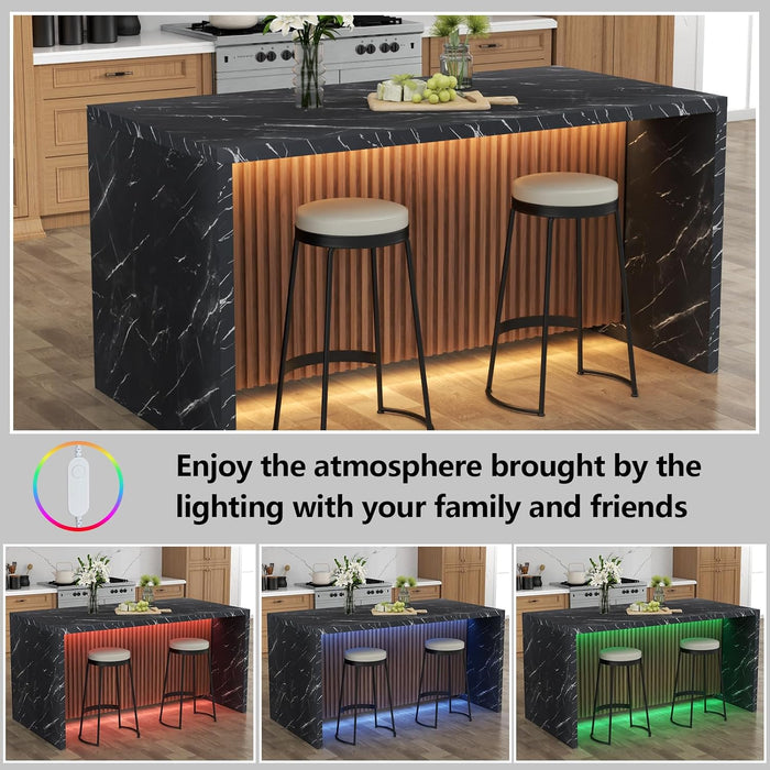 63" Large Imitation Marble Dining Table for 4-6 People(Patent Pending) | Island Table with LED Light,Mordern Marble Stripes Kitchen Dining Table with Grille Design for Dining Room,Living Room(Black)