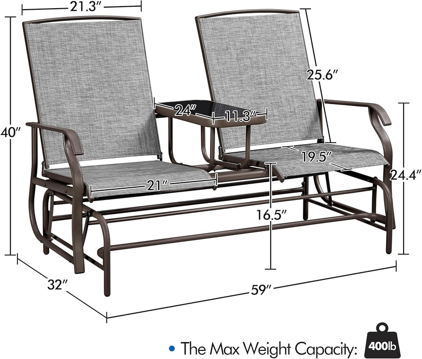 2-Seat Outdoor Glider with Center Table, Patio Rocking Loveseat with Breathable Mesh Sturdy Metal Frame for Garden Pool Lawn