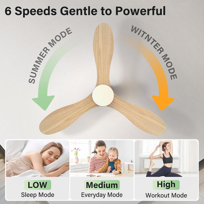 42In Wood Flush Mount Ceiling Fans with Lights Remote,Smart,Low Profile | Alexa/App Control,Easy Install,Quiet,Light Wood White,Hugger LED Ceiling Fan for Outdoor Indoor Porch Kitchen Bedroom,3 Blade