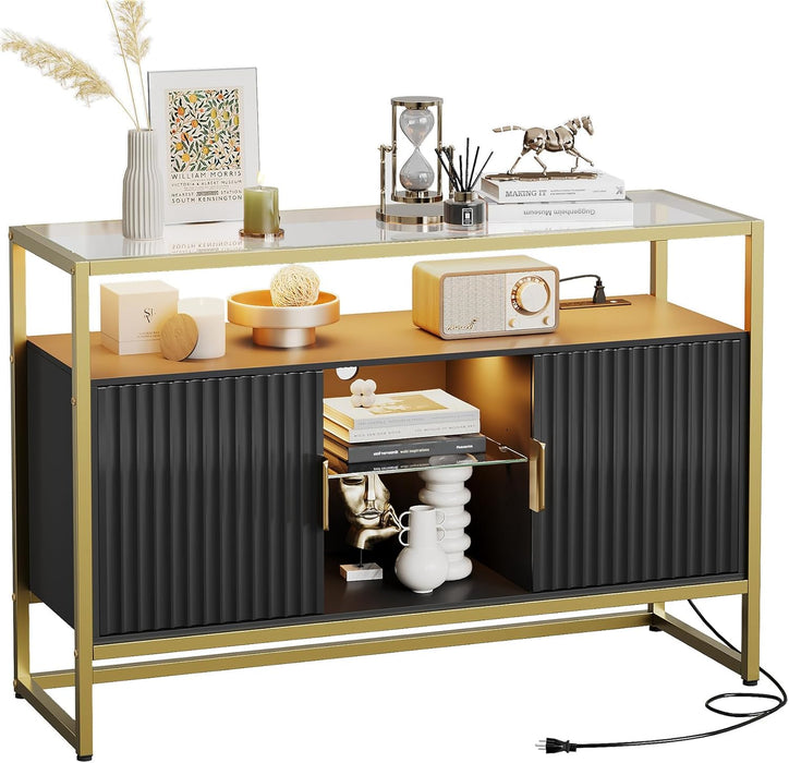 Coffee Bar Cabinet with Power Outlet, 47" Sideboard Buffet with Storage, Glass Shelves, and LED Light, Fluted Bar Cabinet with Door for Living Room, Bedroom, Classic Black