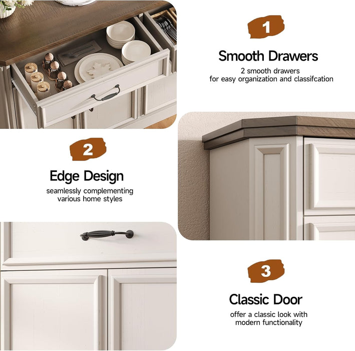 55" Sideboard Buffet Cabinet with 2 Storage Drawers & 4 Doors, Modern Kitchen Sideboards and Buffets with Adjustable Shelves, Wood Coffee Bar Cabinet for Living Room, Entryway, Off-White