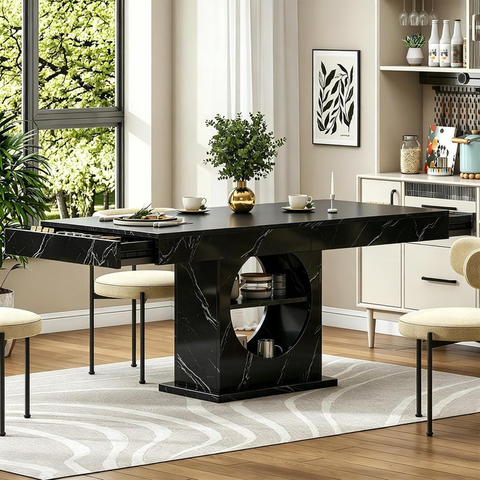 Dining Table for 4-6 People, 55 Inches Dinner Table with Drawers and Open Storage, Wooden Pedestal Base, Rectangular Farmhouse Kitchen Table for Kitchen, Living Room (Marble Black)