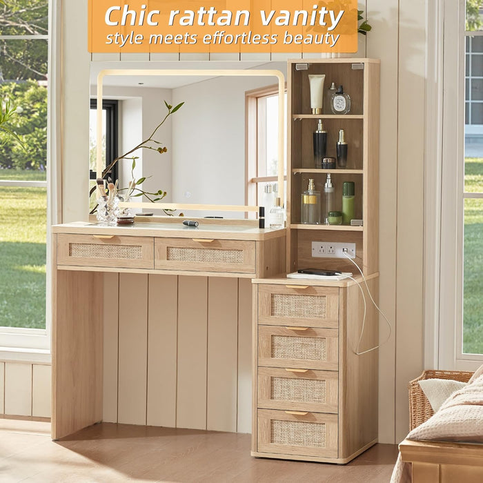 Rattan Vanity Desk with Mirror and Lights, 43.5'' Boho Makeup Vanity with 6 Drawers and Adjustable Shelves, Natural Wood Make up Vanity Dressing Table with Glass Top, Power Outlet for Bedroom