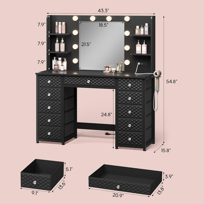 Black Vanity Desk with Mirror and Lights, 11 Drawers, 43.3", Power Strip | Vanities with Storage, 6 Open Shelves, Makeup Dressing Table with 3 Color Modes, Bedroom, Women, Girls, Small Space