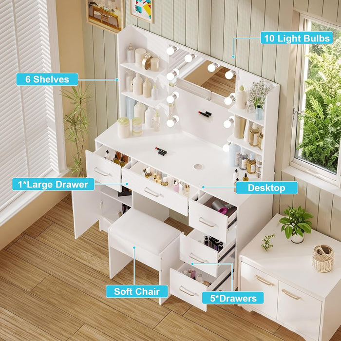 Vanity Desk with Mirror,Make up Vanity with 1 Stool 6 Drawers 6 Shelves & LED Mirror,3 Modes Light Adjustable,Vanity Desk for Bedroom,White,39.5" L*15.8" W*55.2" H.