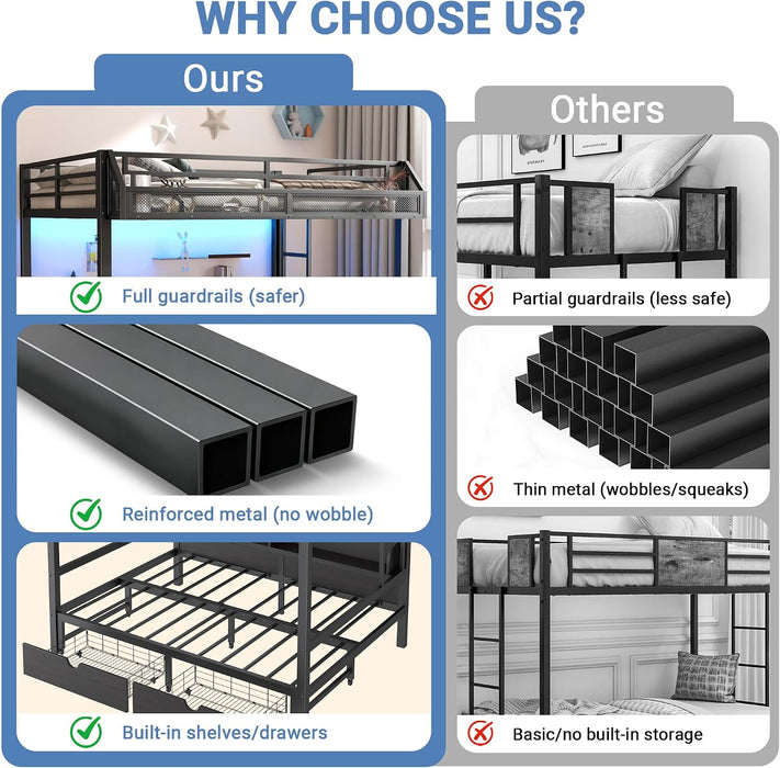 Queen Over Queen Metal Bunk Bed USBChargingPortsAndLED