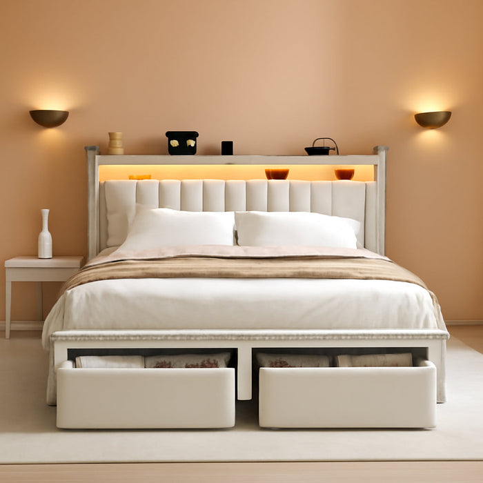 Full Size Bed Frame with 2-Tier Storage Headboard & Charging Station, LED Platform Bed Frame with 2 Storage Drawers, Sturdy Wooden Slats Support, Noise-Free, No Box Spring Needed, Beige