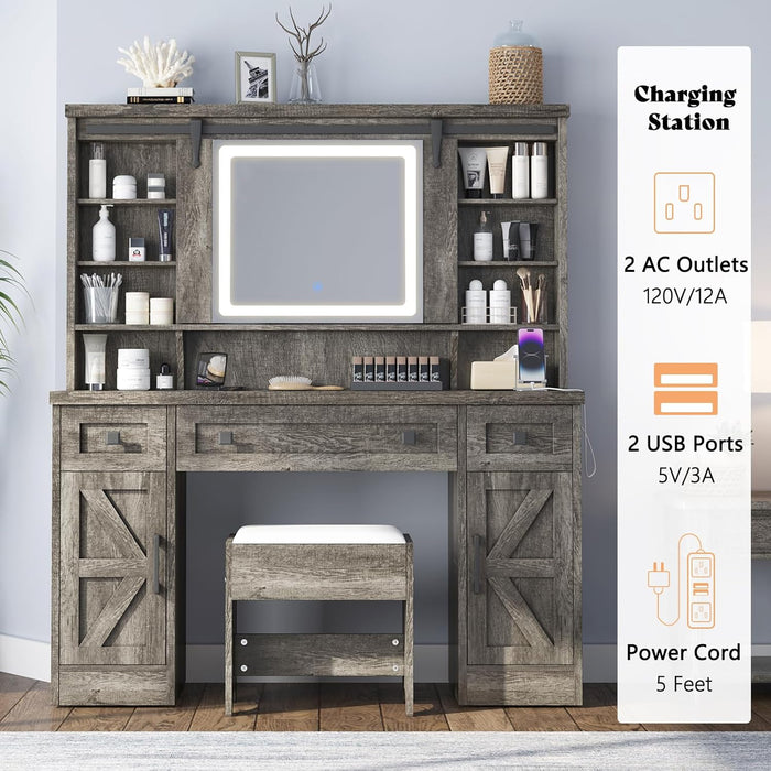 47.2" Farmhouse Vanity Desk with Mirror and Lights, Rustic Makeup Vanity Table with Charging Station, Vanity Set with Stool & Storage, LED Sliding Mirror & Glass Top, Dark Oak Finish