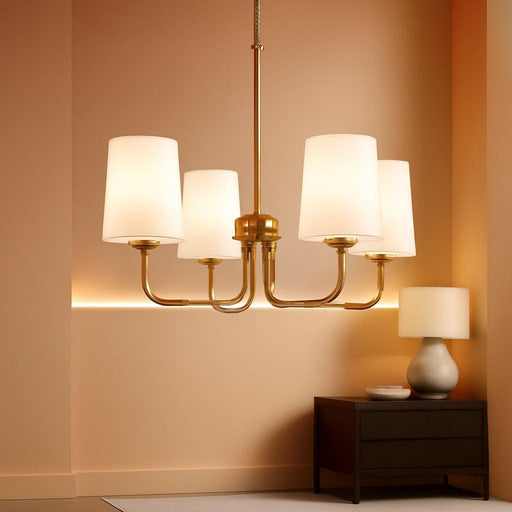 Farmhouse Chandelier, 5-Light Brass Chandelier with White Fabric Shade, Height Adjustable Modern Dining Room Light Fixture with E26 Base for Bedroom Foyer Hallway Entryway Kitchen Living Room