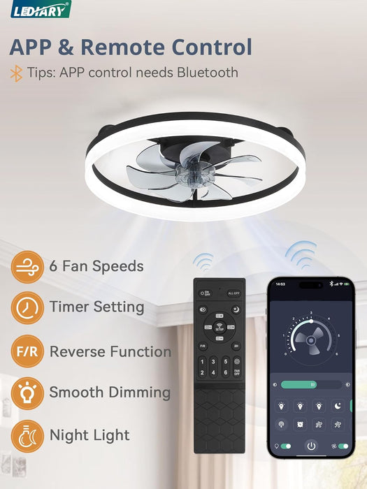 Ceiling Fans with Lights, 20 Inch Low Profile Flush Mount Ceiling Fan, Dimmable LED, APP & Remote Control, Quiet Reversible DC Motor, 6 Speeds, Fandelier for Bedroom, Black
