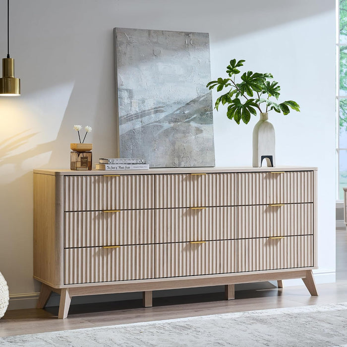 63" Wide Fluted 9 Drawer Dresser for Bedroom, White Alder