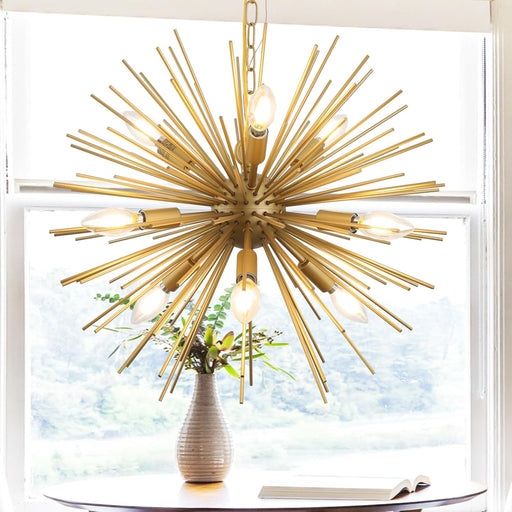 Modern 20In Gold Sputnik Chandelier 9-Lights Mid-Century Starburst Chandelier Solid Metal Firework Satellite Urchin Light Fixture over Table for Foyer Dining Room Kitchen Bedroom Living Room
