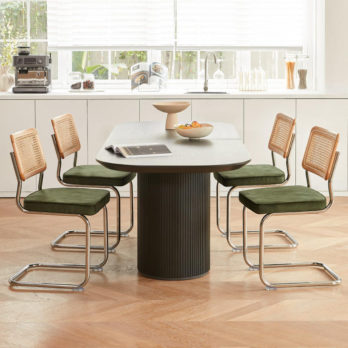 Green Rattan Dining Chairs Set of 4, Wooden Mid Century Modern Kitchen Chairs, Mesh Back Cane Dining Room Chair, Cesca Design Chairs with Metal Chrome Legs