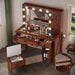Farmhouse Vanity Makeup Desk with Charging Station, Large Vanity Desk with Lights Mirror and Drawers for Makeup, Modern Vanity Table Set with Stool for Bedroom, Rustic Brown