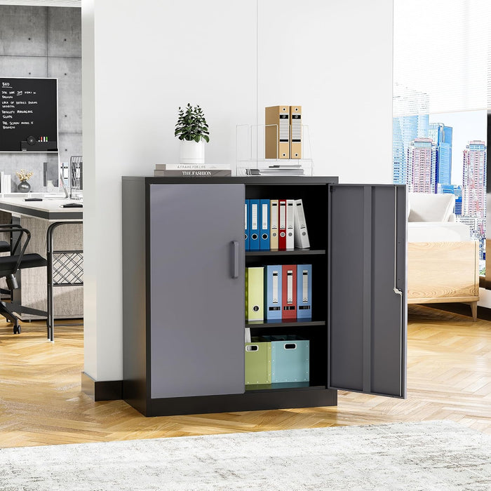 Metal Storage Cabinet, Storage Cabinet with 2 Adjustable Shelves, Steel Counter Cabinet with Lockable Doors for Home Office