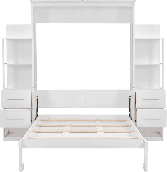 Full Murphy Bed with Storage Drawers,Led Lights and Storage Bookcase Shelves,Wood Murphy Wall Bed Cabinet for Adults