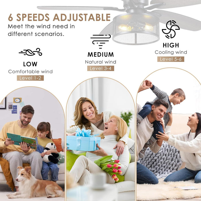 48" Black Farmhouse Ceiling Fan with Light and Remote, Industrial Cage Design, Rustic Flush Mount for Bedroom Living Room, E26 Base, DC Motor, 6-Speed Reversible with Timer, Dual Blades