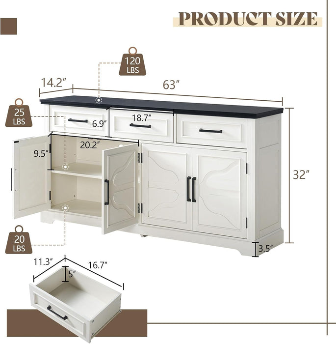 63" Farmhouse Buffet Sideboard Cabinet with 3 Drawers & Adjustable Shelves, White Coffee Bar Wine Bar Storage Cabinet for Kitchen, Living Room