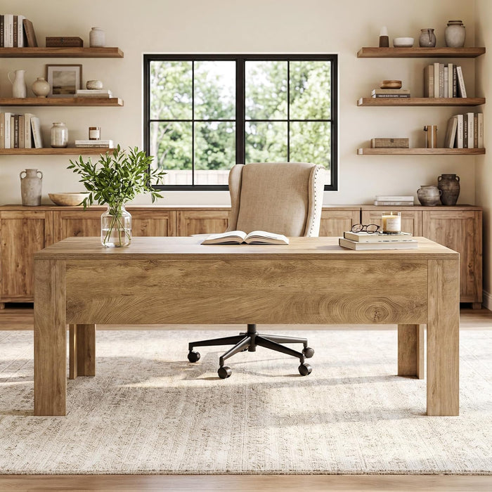 63-Inch Office Desk, Modern Executive Desk with Large Tabletop, Wooden Computer Desk, Long Workstation for Home Office, Light Brown