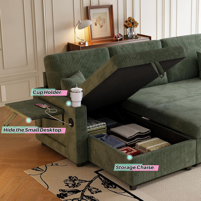 Luxurious Corduroy Green 83-Inch Sleeper Sectional Sofa