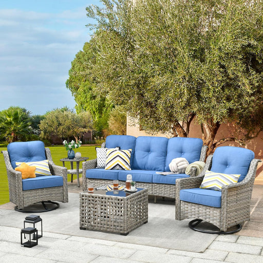 Patio Furniture,All Weather Wicker 5 PCS Outdoor Sofa with High Back Swivel Rocker Chairs,Conversation Set with Solar Powered Coffee Table,Grey Rattan Light Blue Cushion