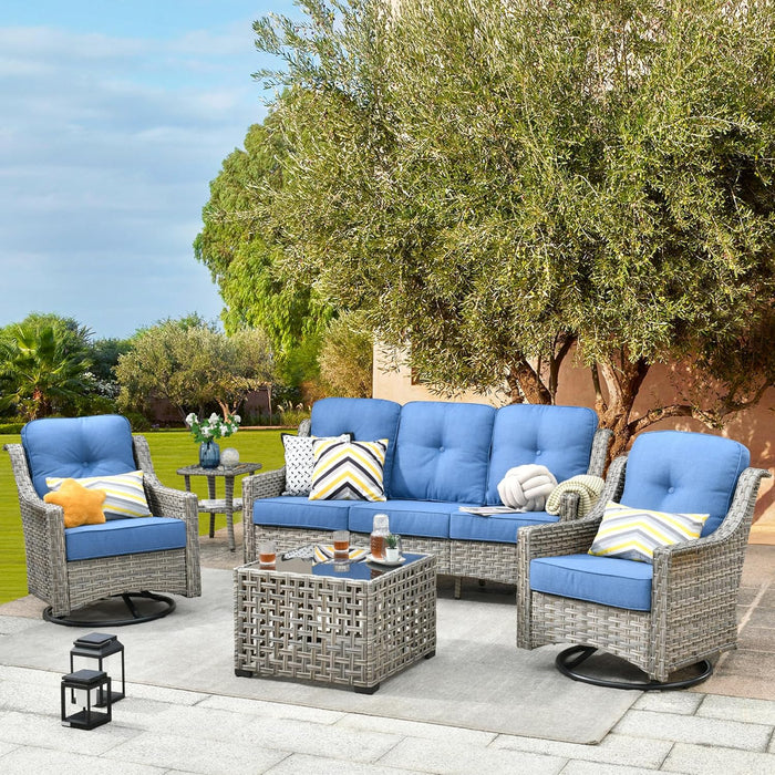 Patio Furniture,All Weather Wicker 5 PCS Outdoor Sofa with High Back Swivel Rocker Chairs,Conversation Set with Solar Powered Coffee Table,Grey Rattan Light Blue Cushion