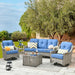 Patio Furniture,All Weather Wicker 5 PCS Outdoor Sofa with High Back Swivel Rocker Chairs,Conversation Set with Solar Powered Coffee Table,Grey Rattan Light Blue Cushion