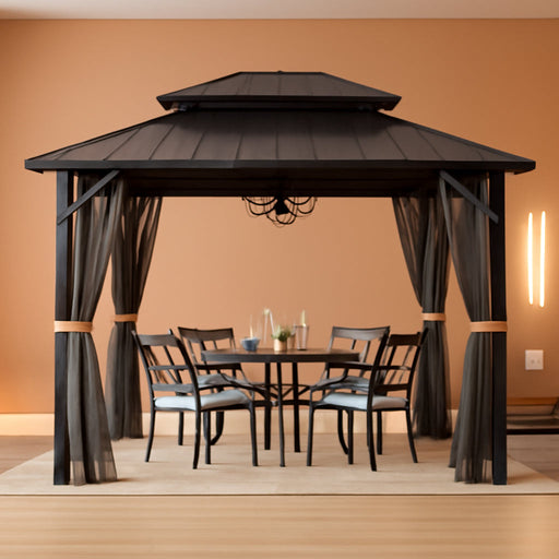 Modern Shade the Horizon Hardtop Gazebo 10' X 12' with 4 LED Lights, Permanent Outdoor Gazebo with Galvanized Steel Double Roof, Grill Pavilion with Decor Hooks, Mosquito Nettings, Black