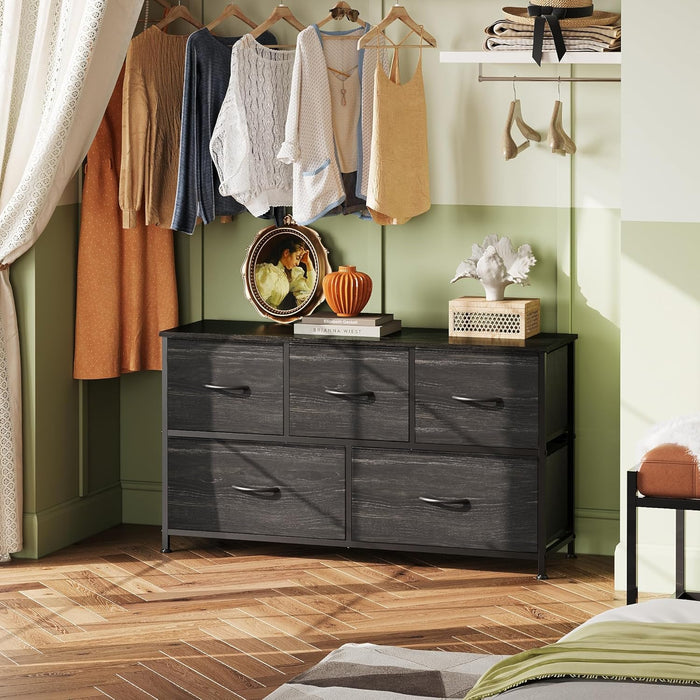 Dresser for Bedroom with 5 Drawers, Wide Chest of Drawers, Fabric Dresser, Storage Organizer Unit with Fabric Bins for Closet, Living Room, Hallway, Charcoal Black Wood Grain Print