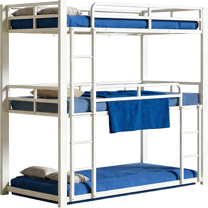 White Triple Bunk Bed Twin over Twin over Twin, Heavy Duty Metal Bunkbed with Full-Length Safety Guardrails, No Box Spring Required, Easy Assembly, Bedroom & Guest Room