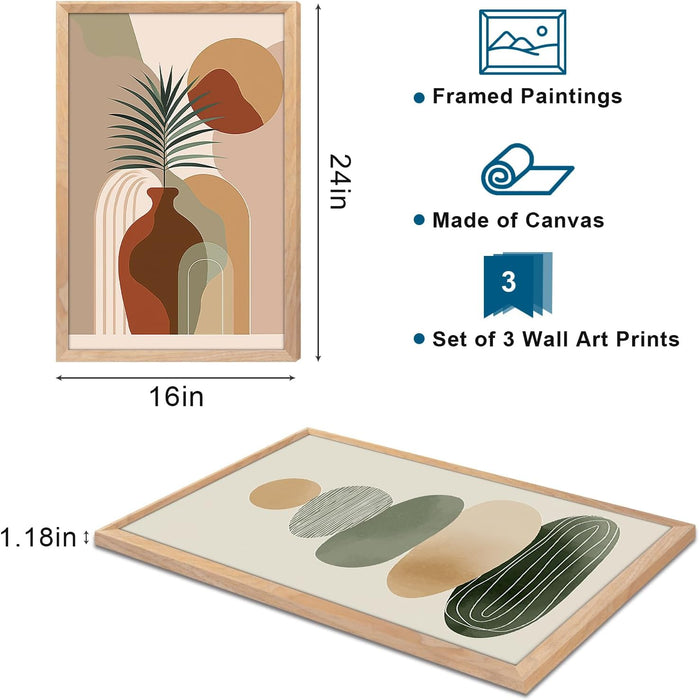 Sage Green Boho Wall Art, Framed Wall Decor for Living Room, 3 Piece Wall Art Decor, Mid Century Modern Minimalist Wall Art for Bedroom, Dining Room, Hotel, Office 24X36IN