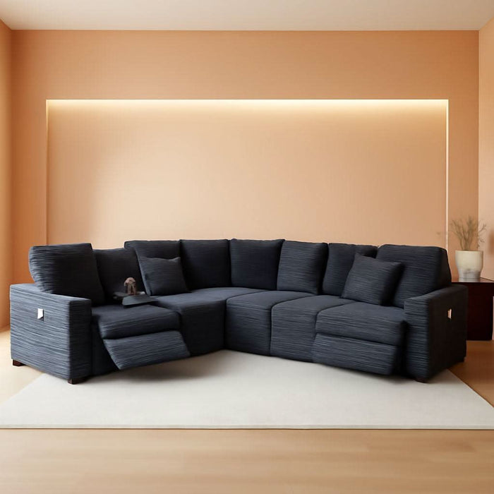 Oversized Modular Sectional Sofa with 2 Power Reclining, Electric Recliner Couch with Storage Console and Adjustable Headrest, Plush Corduroy Fluffy 5 Seat Corner Sofa for Living Room-Blue Grey