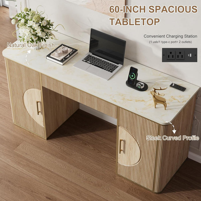 60" Fluted Computer Desk, Wooden Long Home Office Writing Desk with Drawer & Storage Cabinet, Modern Writing Table with Charging Station, High Executive Desk for Office，Bedroom, Nature Oak