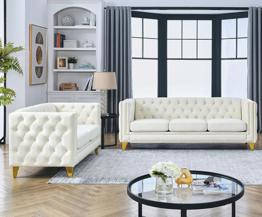 80-Inch Couches + 58-Inch Loveseat Sofa Set for Living Room, Modern Button Tufted Velvet Upholstered Sofa Couch with Square Armrests Inlaid with Gold Nail Heads and 4 Golden Metal Legs, Beige
