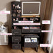 Vanity Table with LED Mirror & Power Outlet - 5 Open Shelves, 4 Drawers - Includes Padded Stool - Ideal Bedroom Makeup Dressing Table （Black）
