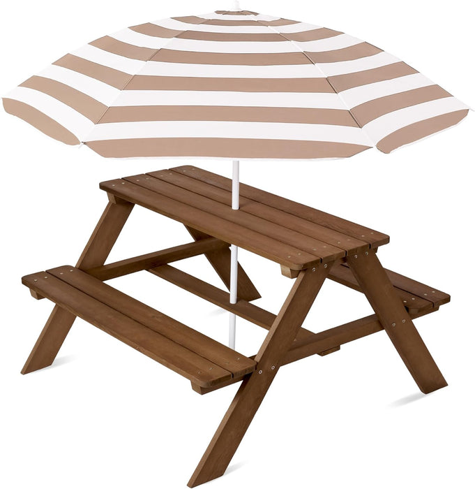 Kids Wooden Picnic Table, Outdoor Activity & Dining Table W/Adjustable Collapsible Umbrella, Built-In Seats - Walnut/Beige