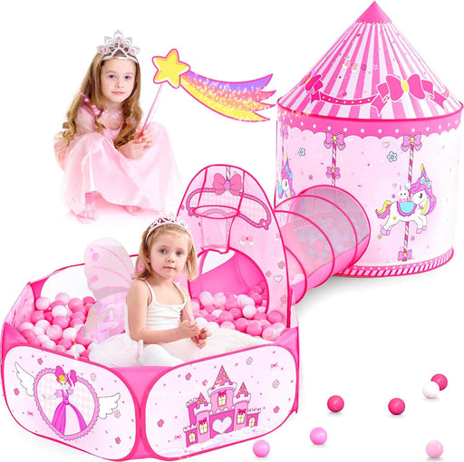3 in 1 Girls Princess Play Tent for Kids: Pop up Toddlers Playhouse with Baby Crawl Tunnel, Ball Pit and Castle Tent - Pink Children Play Tent Toys Indoor and Outdoor Game for Birthday Gift