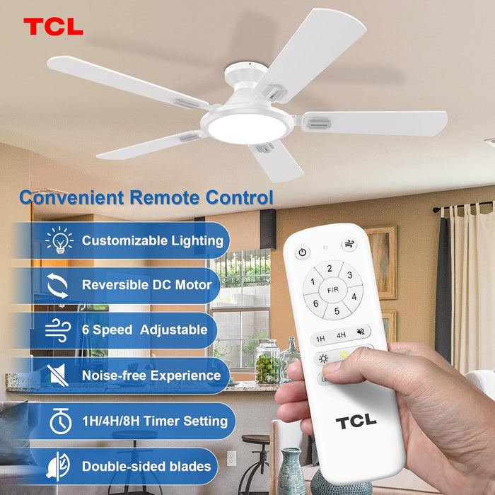 Ceiling Fans with Lights, 52 Inch Low Profile Ceiling Fan with Light and Remote Control, Flush Mount, DC Reversible Motor, Noiseless, 6 Speeds Ceiling Fan for Bedroom (White)