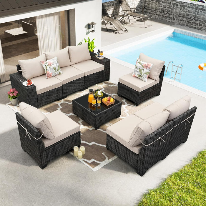 8 Pieces Patio Furniture Set All-Weather Outdoor Wicker Sectional Conversation Sofa Rattan Patio Seating Sofa with Cushion and Glass Table for Porch Poolside,Beige