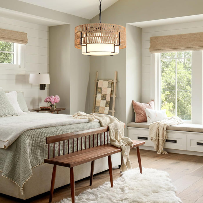 Boho Rattan Chandelier, 19.7" Rattan Pendant Light with Fabric Shade, 4-Light Farmhouse Ceiling Light Fixture Chandelier for Dining Room, Living Room, Bedroom, Kitchen Island, Foyer, Hallway