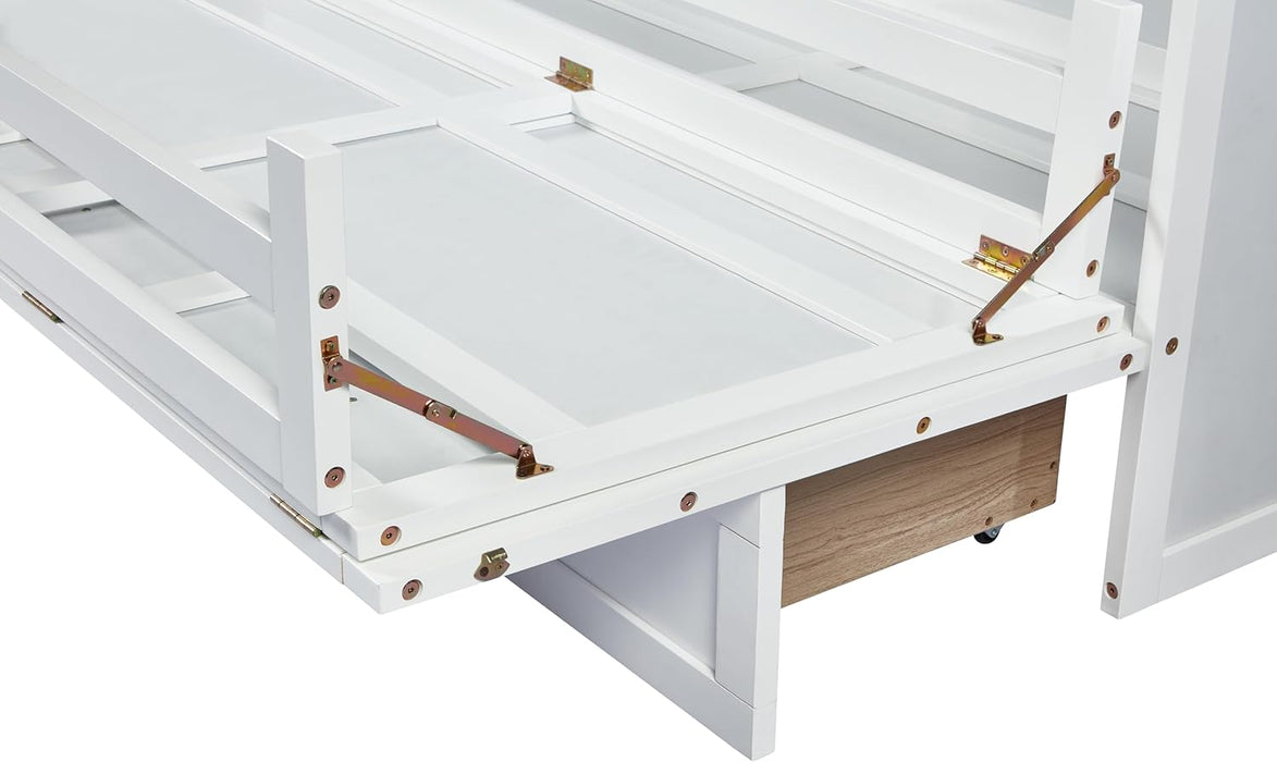 Queen Murphy Bed with Storage Drawer and Charging Station, Cabinet Bed, Farmhouse Murphy Cabinet with Foldable Panel, Noisy Free, for Guest Bedroom, Living Room, White+White Panel